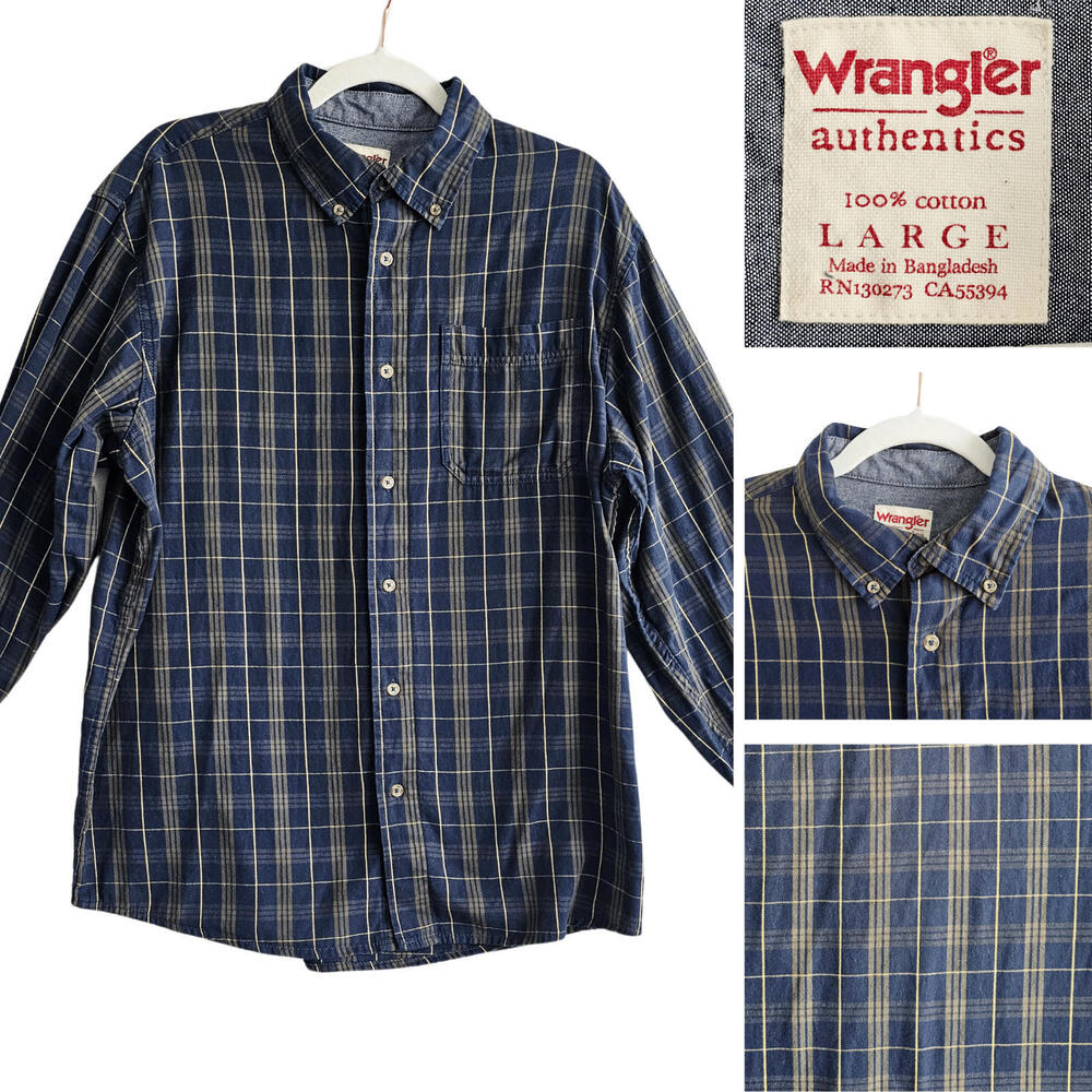 Wrangler Authentic Men’s L Plaid Blue Green Button Down Pocket Long Sleeve Shirt